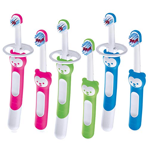 Intrucciones en lengua extranjera - Mam Baby's Brush - Cepillo de dientes con anillo de seguridad, mango corto, específico para dientes de leche, 6 meses y más, color verde