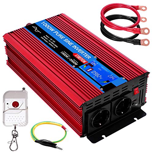 Inversor 12v 220v Onda Pura 1000w /2000w ETREPOW Convertidor de Voltaje con 2 Tomas UE y un USB de 2,1A, Mando a Distancia Inalámbrico, Pantalla Digital y 2 Ventiladores - 2000w Auto Transformador