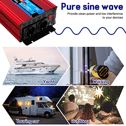 Inversor 12v 220v Onda Pura 1000w /2000w ETREPOW Convertidor de Voltaje con 2 Tomas UE y un USB de 2,1A, Mando a Distancia Inalámbrico, Pantalla Digital y 2 Ventiladores - 2000w Auto Transformador