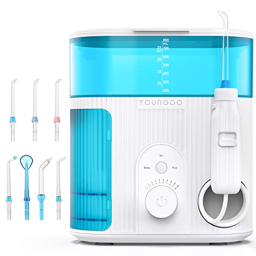 Irrigador Dental Profesional con UV Esterilización,YOUNGDO 800ML Irrigadores Bucales con 7 Boquillas,Irrigador Dental Limpieza Dental 10 Ajustes de Presión del Agua,Irrigador Bucal 3 Modos