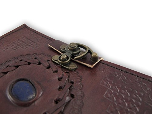 Jaald 18 cm Libreta Notas Cuaderno Hojas Diario Album Hecho a Mano con Cubierta de Cuero y Cerradura Cerrojo Piedra Cristal Azul grimoire book of Shadows spell book blank journal celta