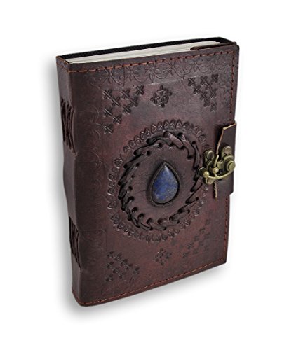 Jaald 18 cm Libreta Notas Cuaderno Hojas Diario Album Hecho a Mano con Cubierta de Cuero y Cerradura Cerrojo Piedra Cristal Azul grimoire book of Shadows spell book blank journal celta