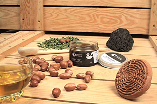 Jabón negro (Jabón Beldi) con aceite de argán de Fatima’s Garden - Jabón negro marroquí 100% natural, exfoliante corporal, natural, purificante, exfoliante para el ritual de Hammam-250gr