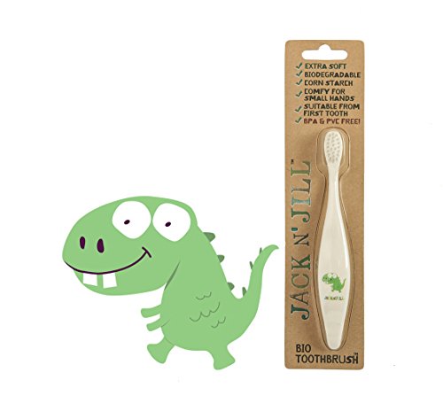 Jack N' Jill Kids Plastic Free Bio Toothbrush, Zero Waste Nylon Bristles Which Are Soft on the Gums, Ergonomic Handles For Little Hands, Suitable From First Tooth - Dino