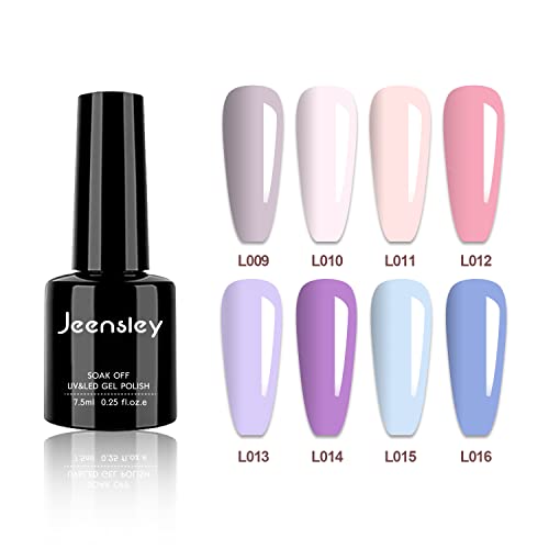 Jeensley Juego de Esmalte de Uñas en Gel de 8 Colores 7,5 ml, Tono Dulce Rosa Pastel Azul Lavanda Violeta Nude Marfil, Diseños de Arte de Moda, Salón de Manicura en el Hogar