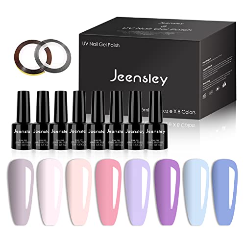 Jeensley Juego de Esmalte de Uñas en Gel de 8 Colores 7,5 ml, Tono Dulce Rosa Pastel Azul Lavanda Violeta Nude Marfil, Diseños de Arte de Moda, Salón de Manicura en el Hogar