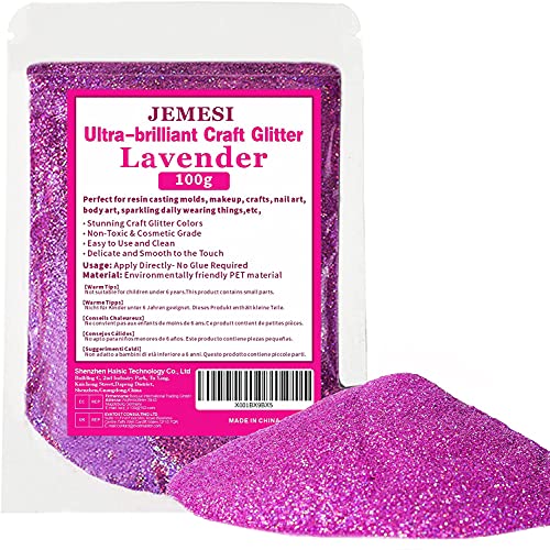 JEMESI Purpurina Fina, 100g Purpurina Manualidades, Polvo de Purpurina para Slime, Maquillaje y Manualidades, Cuerpo, Cabello Uñas y Arte - Lavanda