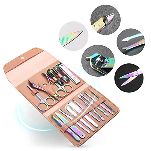 JIPRENS set de manicura 16 en 1 kit de pedicura tijeras para uñas cuidado de uñas cortaúñas, juego de uñas cortaúñas, kit de belleza de viaje Regalo perfecto para hombres y mujeres, color iridiscente