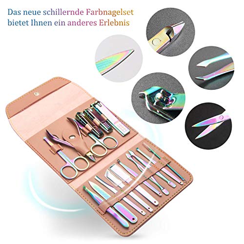 JIPRENS set de manicura 16 en 1 kit de pedicura tijeras para uñas cuidado de uñas cortaúñas, juego de uñas cortaúñas, kit de belleza de viaje Regalo perfecto para hombres y mujeres, color iridiscente