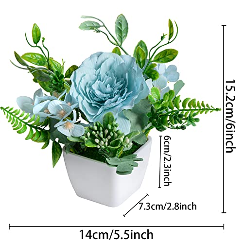 Juego de 3 mini flores artificiales en macetas, flores de Camelia de seda falsas en macetas de plástico blanco para oficina, escritorio, hogar, boda, decoración (azul, verde, morado)