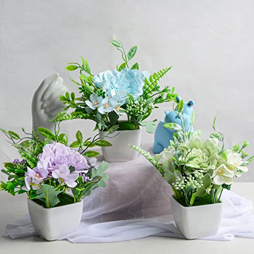 Juego de 3 mini flores artificiales en macetas, flores de Camelia de seda falsas en macetas de plástico blanco para oficina, escritorio, hogar, boda, decoración (azul, verde, morado)