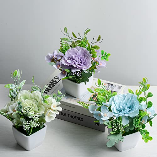 Juego de 3 mini flores artificiales en macetas, flores de Camelia de seda falsas en macetas de plástico blanco para oficina, escritorio, hogar, boda, decoración (azul, verde, morado)