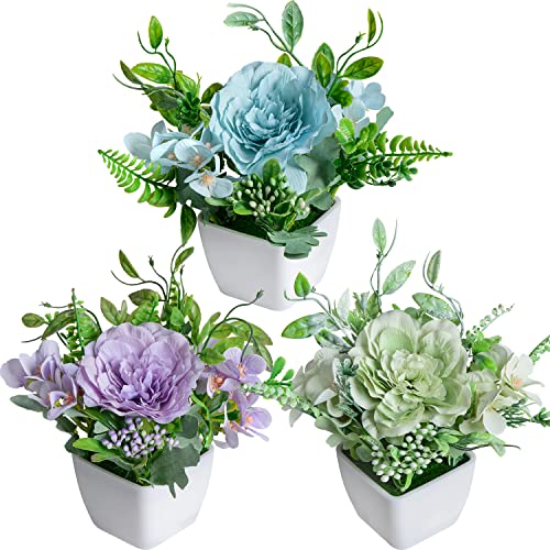 Juego de 3 mini flores artificiales en macetas, flores de Camelia de seda falsas en macetas de plástico blanco para oficina, escritorio, hogar, boda, decoración (azul, verde, morado)