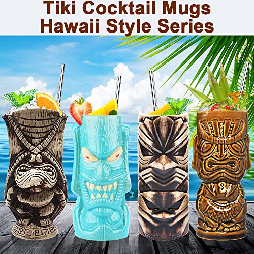 Juego de 4 tazas Tiki de cerámica tropical hawaiana Tiki Party Creative Cocktail Cups Bebidas Grandes Tazas de bar para fiestas, bebidas tropicales exóticas lindas copas de barware 4 paquetes