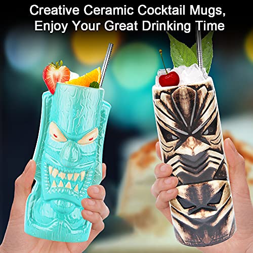 Juego de 4 tazas Tiki de cerámica tropical hawaiana Tiki Party Creative Cocktail Cups Bebidas Grandes Tazas de bar para fiestas, bebidas tropicales exóticas lindas copas de barware 4 paquetes