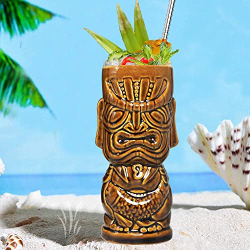 Juego de 4 tazas Tiki de cerámica tropical hawaiana Tiki Party Creative Cocktail Cups Bebidas Grandes Tazas de bar para fiestas, bebidas tropicales exóticas lindas copas de barware 4 paquetes