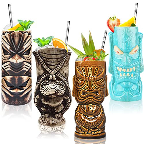 Juego de 4 tazas Tiki de cerámica tropical hawaiana Tiki Party Creative Cocktail Cups Bebidas Grandes Tazas de bar para fiestas, bebidas tropicales exóticas lindas copas de barware 4 paquetes