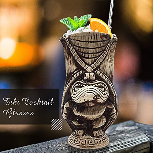 Juego de 4 tazas Tiki de cerámica tropical hawaiana Tiki Party Creative Cocktail Cups Bebidas Grandes Tazas de bar para fiestas, bebidas tropicales exóticas lindas copas de barware 4 paquetes