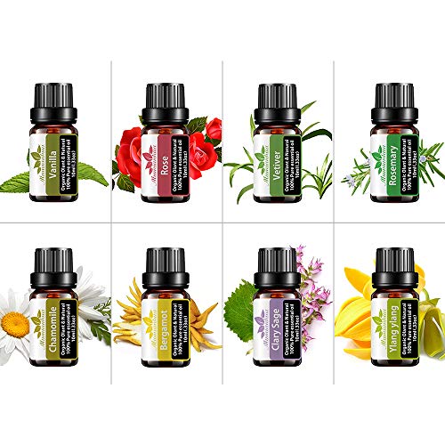 Juego de aceites esenciales orgánicos - Mumianhua Aceite de aromaterapia 8x 10ml Grado terapéutico para difusor Masaje Yoga(vainilla, rosa, vetiver, romero, manzanilla, bergamota, salvia, ylang ylang)