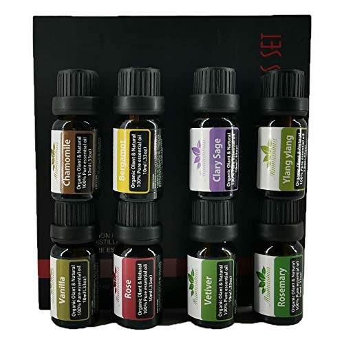 Juego de aceites esenciales orgánicos - Mumianhua Aceite de aromaterapia 8x 10ml Grado terapéutico para difusor Masaje Yoga(vainilla, rosa, vetiver, romero, manzanilla, bergamota, salvia, ylang ylang)