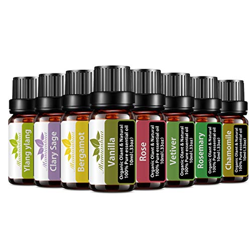 Juego de aceites esenciales orgánicos - Mumianhua Aceite de aromaterapia 8x 10ml Grado terapéutico para difusor Masaje Yoga(vainilla, rosa, vetiver, romero, manzanilla, bergamota, salvia, ylang ylang)