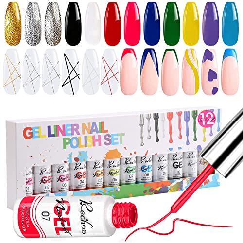 Juego de esmaltes de uñas de gel de 12 colores, esmalte de uñas UV de neón y brillo de 8 ml, liner nail gel polish, colores de uñas de gel para dibujar líneas