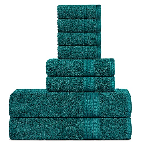 Juego de Toallas de Lujo de algodón Sweet Needle, Teal - 2 Toallas de baño, 2 Toallas de Mano y 4 Toallas de Mano - 500 g/m², Dobladillo sólido, Muy Absorbente (8 Piezas)