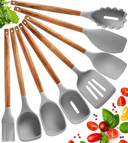 Juego Utensilios de Cocina de Silicona - 8 Piezas Utensilios de Cocina Madera Resistentes al Calor y Antiadherentes con Mango de Madera Acacia - Utensilios Cocina Silicona Espátula Cuchara Cucharón