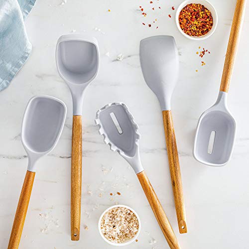 Juego Utensilios de Cocina de Silicona - 8 Piezas Utensilios de Cocina Madera Resistentes al Calor y Antiadherentes con Mango de Madera Acacia - Utensilios Cocina Silicona Espátula Cuchara Cucharón