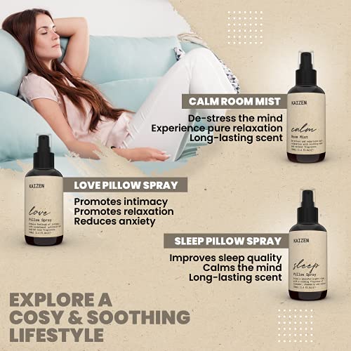 KAIZEN Kit Relajante Aromaterapia con Esencia de Lavanda - Contiene Lavanda Spray Almohada para Dormir, Spray Ambientador Habitacion y Spray para Dormir en Pareja - Kit Deep Sleep Pillow Spray Natural