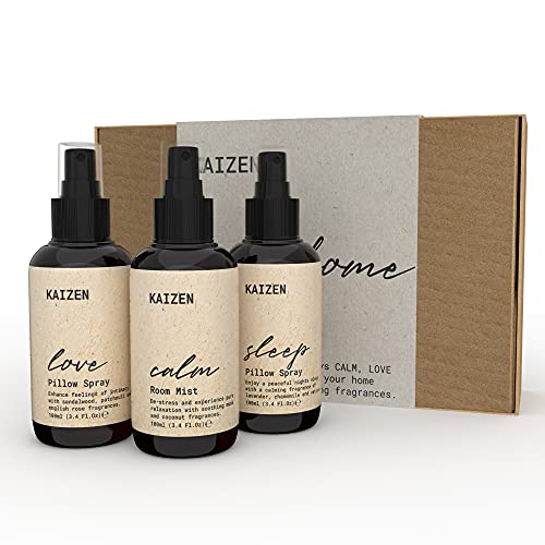 KAIZEN Kit Relajante Aromaterapia con Esencia de Lavanda - Contiene Lavanda Spray Almohada para Dormir, Spray Ambientador Habitacion y Spray para Dormir en Pareja - Kit Deep Sleep Pillow Spray Natural