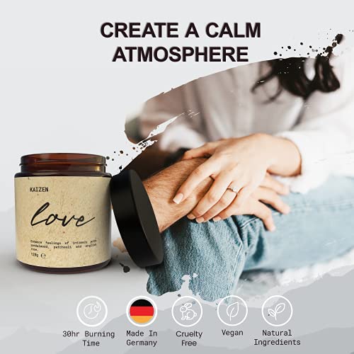 KAIZEN Vela Aromatica, Love Candle - Vela Perfumada para Parejas, Reduce Ansiedad y Aumenta Libido - Velas Aromaticas Grandes, Fórmula Natural - Velas Aromáticas Grandes, Hasta 30 Horas Duración, 120g