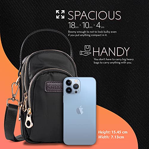 Katloo Bolso bandolera para mujer, organizador de viaje, para teléfono móvil, con correa cartera funda para iPhone 13 12 11 Pro Max XS XR Samsung A10 Galaxy S20, ultranegro, minibolso con cremallera