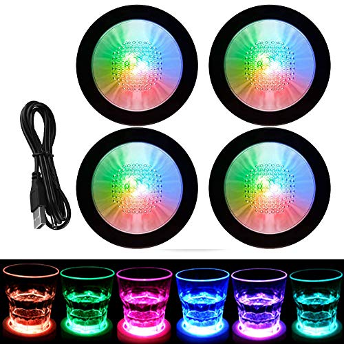 KEEDA 4 posavasos LED para bebidas, recargable por USB, para cócteles, cervezas, bebidas, botella de vino, estera luminosa para el hogar, fiesta, boda, bar, club (luz de color negro)