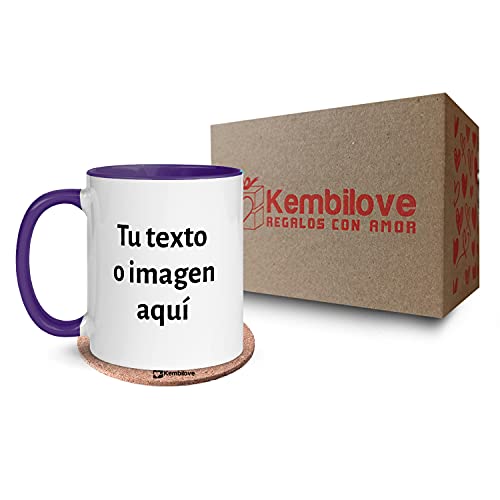 Kembilove Tazas desayuno Personalizadas con Foto – Regalos originales para hombre – Tazas originales para regalar – Taza personalizada con el Interior en Color Morado