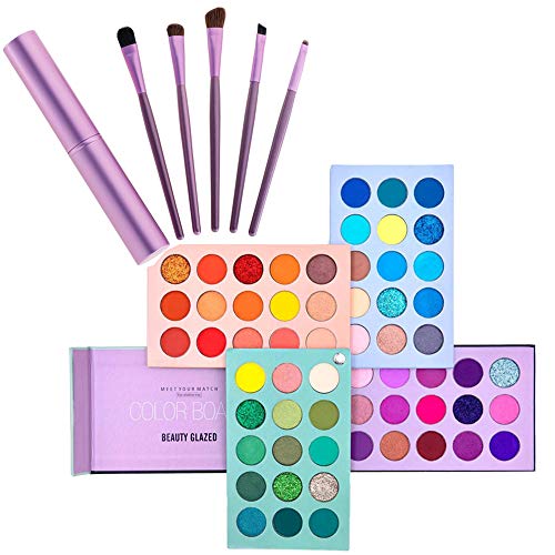 Kit de maquillaje esmaltado de belleza, sombra de ojos de 60 colores y pinceles de maquillaje de 5 piezas, paleta de maquillaje mate de sombra de ojos pigmentada con juego de pinceles de maquillaje