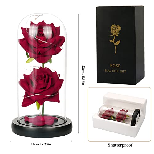 Kit de Rosas, La Bella y La Bestia Rosa Encantada, Cúpula de Cristal con Base Pino Luces LED Rosa Encantada Rosa Rojas Regalo para Día de San Valentín Día de la Madre Aniversario Bodas Cumpleaños (B)