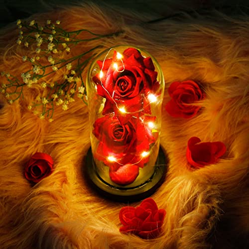 Kit de Rosas, La Bella y La Bestia Rosa Encantada, Cúpula de Cristal con Base Pino Luces LED Rosa Encantada Rosa Rojas Regalo para Día de San Valentín Día de la Madre Aniversario Bodas Cumpleaños (B)