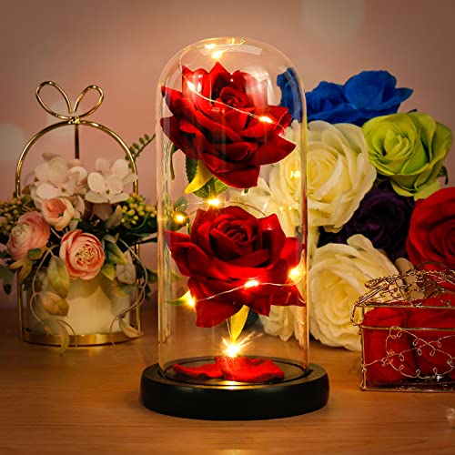 Kit de Rosas, La Bella y La Bestia Rosa Encantada, Cúpula de Cristal con Base Pino Luces LED Rosa Encantada Rosa Rojas Regalo para Día de San Valentín Día de la Madre Aniversario Bodas Cumpleaños (B)