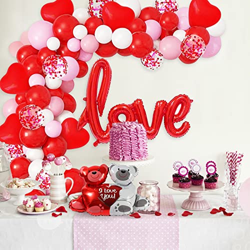 Kit Decoración Globos para el día San Valentín, Kit Romántico de Guirnalda Globos, Globos Corazón Rojo, Pétalos de Rosa, Globos de Confeti Rojo, Blanco y Rosa para el día de San Valentín, aniversario