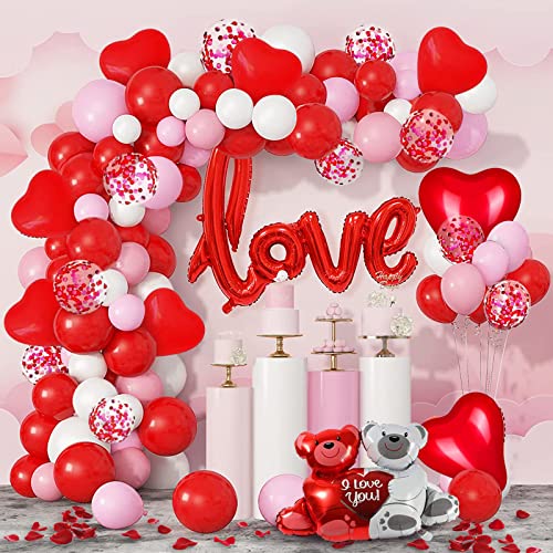 Kit Decoración Globos para el día San Valentín, Kit Romántico de Guirnalda Globos, Globos Corazón Rojo, Pétalos de Rosa, Globos de Confeti Rojo, Blanco y Rosa para el día de San Valentín, aniversario