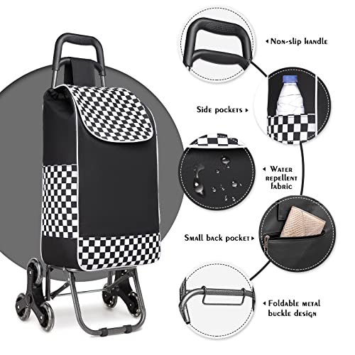 Kono Carro de la Compra Plegable con 6 Ruedas, Carrito de Compras para Subir Escaleras Resistente, Bolsa Impermeable de Poliéster, Capacidad de 31 litros (Negro)