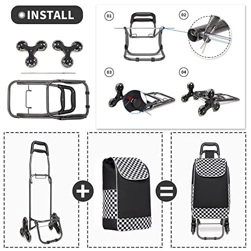 Kono Carro de la Compra Plegable con 6 Ruedas, Carrito de Compras para Subir Escaleras Resistente, Bolsa Impermeable de Poliéster, Capacidad de 31 litros (Negro)