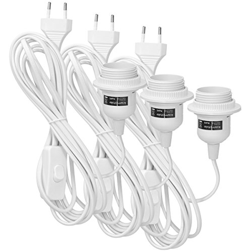 kwmobile 3x portalámparas E27 con arandela roscada y cable electrónico con interruptor - lámpara portalámpara y cable, 3,5m en blanco