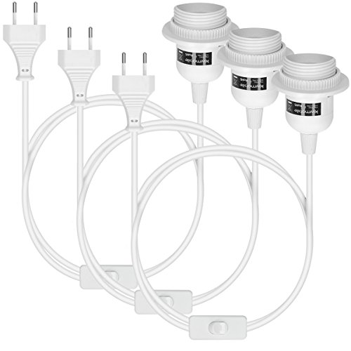 kwmobile 3x portalámparas E27 con arandela roscada y cable electrónico con interruptor - lámpara portalámpara y cable, 3,5m en blanco