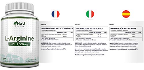 L-Arginina 4000-365 Comprimidos Vegetarianos y Veganos, Suministro Hasta Para Un Año de L-Arginina HCL, 1000 mg por Comprimido, Más Potente Que las Cápsulas de L-Arginina de las Marcas Competidoras