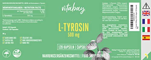 L-Tirosina 500 mg, 120 Cápsulas 100% Veganas