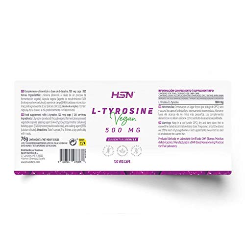 L-Tirosina 500 mg de HSN | 1500mg por Dosis Diaria | Aminoácido para Mejorar el Estado de Ánimo + Bienestar + Perder Peso y Reducir el Estrés | No-GMO, Vegano, Sin Gluten | 120 Cápsulas Vegetales