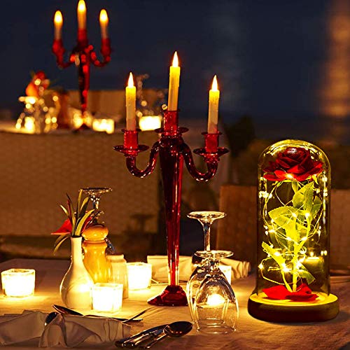 La Bella y la Bestia, la Bella y el Encantador Kit de la Bestia Roja, Elegante Cúpula de Cristal con Luces LED de Base de Pino, de , Bodas, cumpleaños, San Valentín Dia de la Mujer