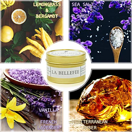 LA BELLEFÉE 4 Velas Perfumadas con Aroma de Limoncillo, Sal Marina Salvia, Lavanda Vainilla, Ámber Mediterraneo Aromanticas Decorativas Regalo para Cumpleaños Navidad